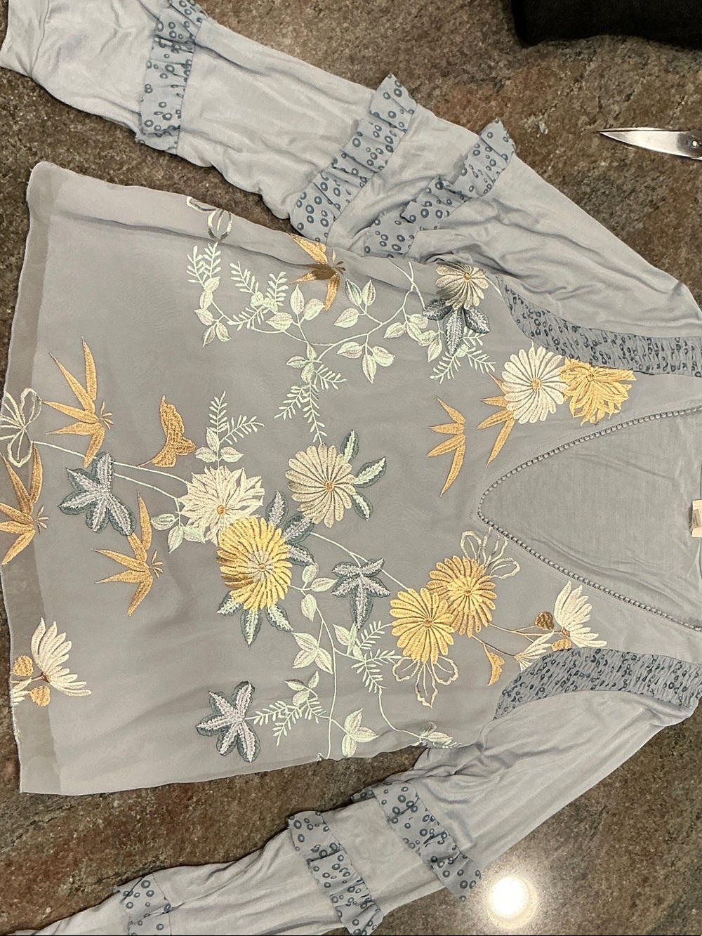 Anthropologie Light Gray Floral Embroidered Long Sleeve Tee